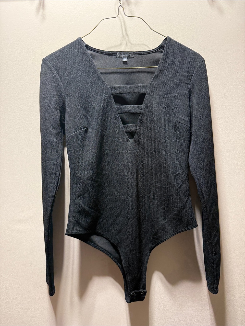 Dynamite Black Long-Sleeve V-Neck Strappy Bodysuit